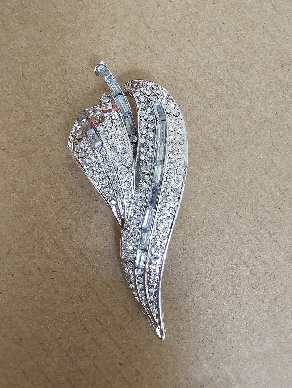 Vintage Crystal-Accented Silver Leaf Brooch